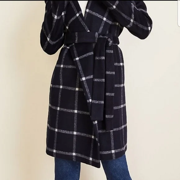 Ann Taylor Navy Plaid Wrap Coat - Picture 3 of 7